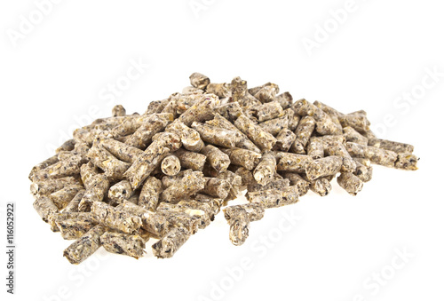 Pelleted compound feed Isolated on white background, wheatfeed p photo