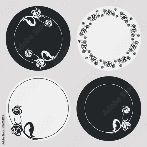 Set of silhouette round frames with floral elements. Design element for  logo, banners, labels, prints, posters, web, presentation, invitations, weddings, greeting cards, albums. Vector clip art.