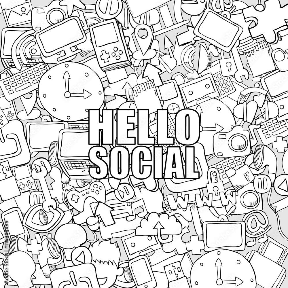 Hello social background with media icons technology hand letteri