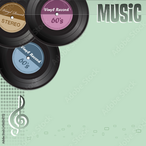 Colorful background with three vinyl records and the word music written with capital letters