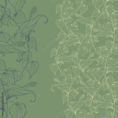 Fantastic ornamental background with big-eyed flowers and branches with leaves drawn manually