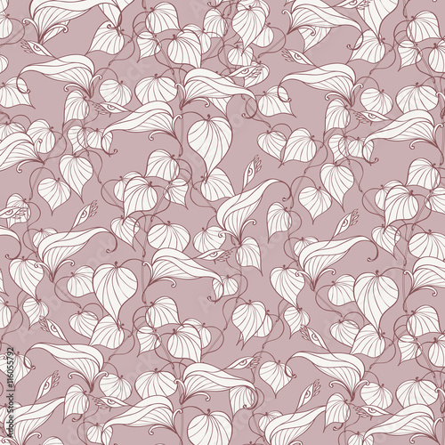 Fantastic ornamental background with big-eyed flowers and branches with leaves drawn manually