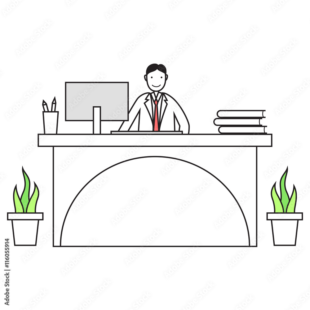 Cartoon employee working on a front desk Cartoon employee working on a front desk