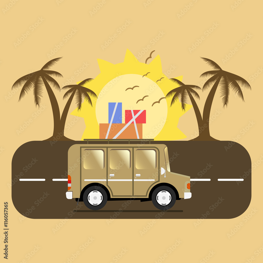 Travel car campsite place landscape. Palm, birds, sun, beach, and road. Vector illustration in flat style.