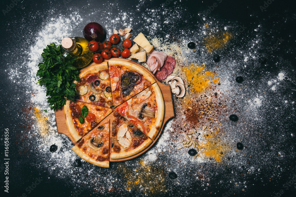 Tasty pizza on black background Tasty pizza on black background
