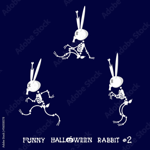 Cute and funny skeleton rabbit in different poses: activity, dance, yoga or gymnastic. Drawing in cartoon style isolated on dark blue background. Set of design elements. Vector illustration