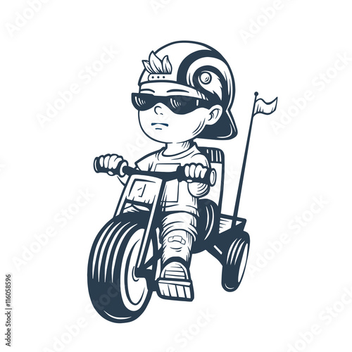 Cool little boy on bike. Toddler in cap riding tricycle. Vector illustration for t-shirt prints, logos, children products. Coolness.