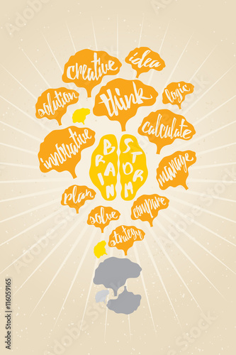 Brain Storm concept with many brains and wording in shape of light bulb.