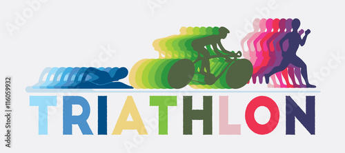 Triathlon colourful graphic and text. Triathletes are swimming running and cycling.