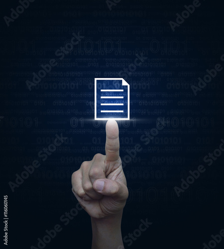Hand pressing document icon over computer binary code blue backg