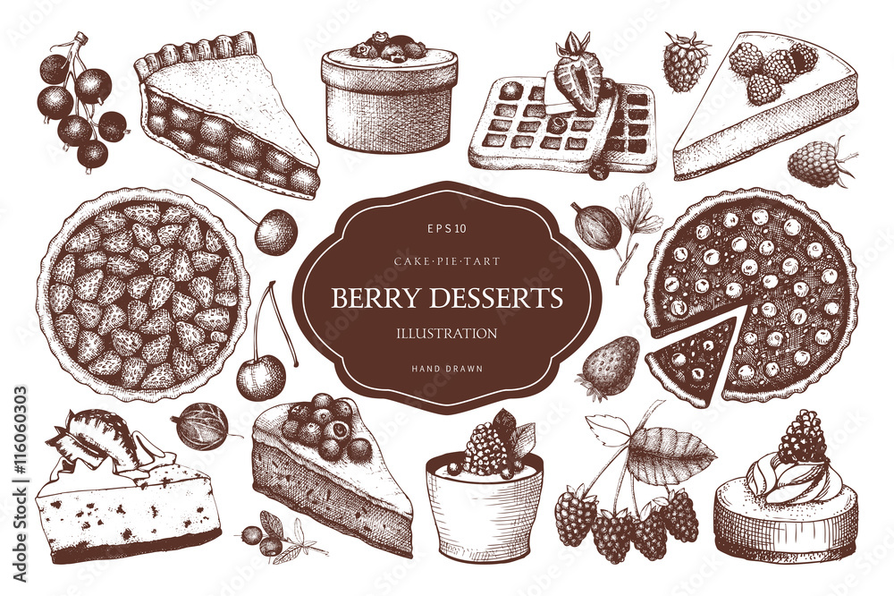 Vector collection of ink hand drawn berry cake, pie and tart illustration.  Vintage set of decorative berries dessert sketch on white background. Design  elements for bakery menu or baking shop. Stock Vector |