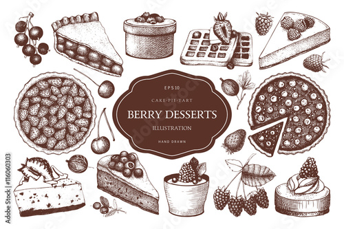 Vector collection of ink hand drawn berry cake, pie and tart illustration. Vintage set of decorative berries dessert sketch on white background. Design elements for bakery menu or baking shop.