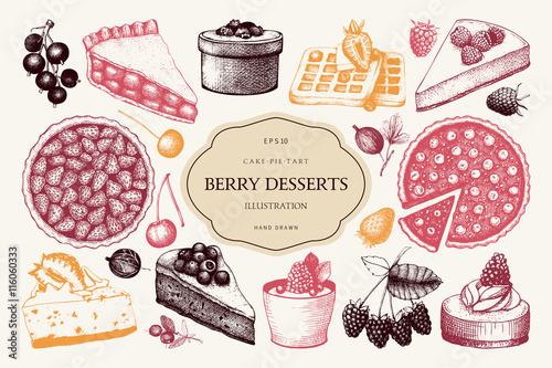 Vector collection of ink hand drawn berry cake, pie and tart illustration. Vintage set of decorative berries dessert sketch on white background. Design elements for bakery menu or baking shop.