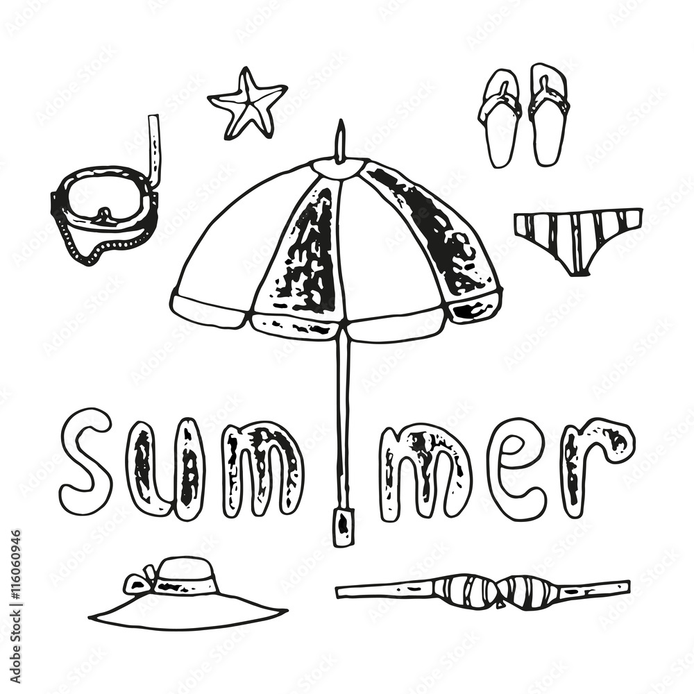 Summer set of beach items and handwritten inscription, hand drawing