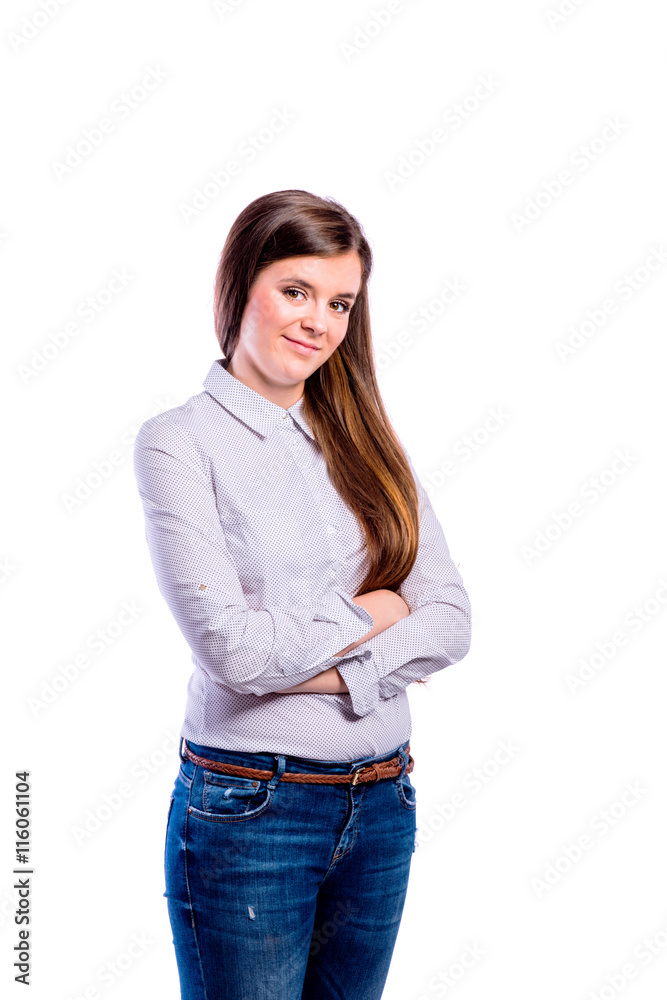 Girl in dotted shirt, young beautiful woman, studio shot Girl in dotted shirt, young beautiful woman, studio shot