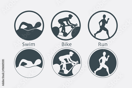 Triathlon graphic symbol. Triathletes are swimming running and cycling in circle icon.