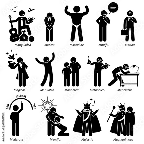 Positive Personalities Character Traits. Stick Figures Man Icons. Starting with the Alphabet M.
