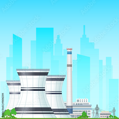Nuclear Power Plant on the Background of the City, Thermal Power Station, Nuclear Reactor and Power Lines, Nuclear Station Supplies Electricity to the City, Vector Illustration