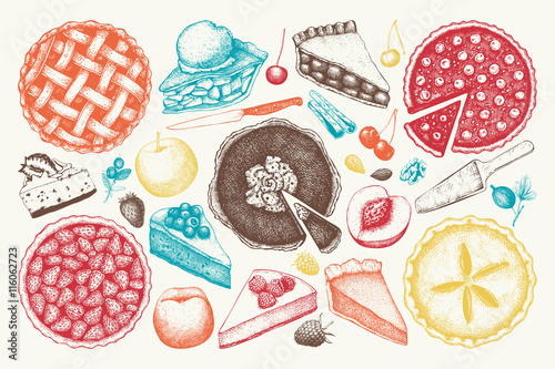Vector collection of ink hand drawn fruit and berry baking illustration. Vintage set of traditional cake, tart and pie sketch. Sweet bakery. Top view.