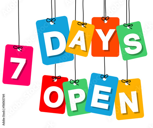 Vector colorful hanging cardboard. Tags - 7 days open