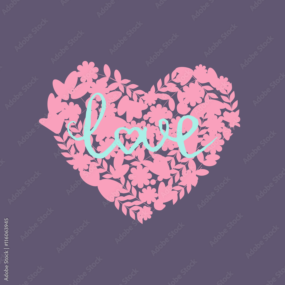 Cute floral heart on beautiful pastel background with hand drawn lettering love. Frame of flowers. Template for wedding invitation, valentine card, greeting card, birthday invitation. Cute floral heart on beautiful pastel background with hand drawn lettering love. Frame of flowers. Template for wedding invitation, valentine card, greeting card, birthday invitation.