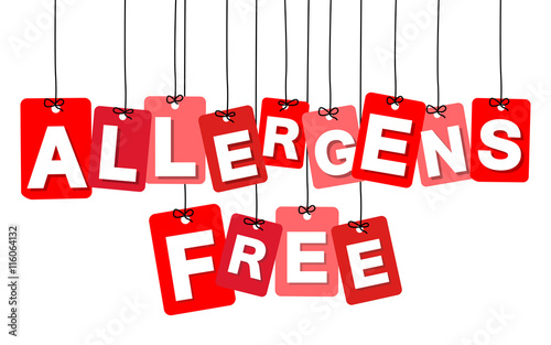 Vector colorful hanging cardboard. Tags - allergens free