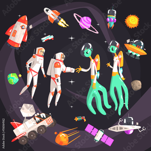 Astronauts Shaking Hands With Extraterrestrial Beings In Space Surrounded By  Travel Related Objects