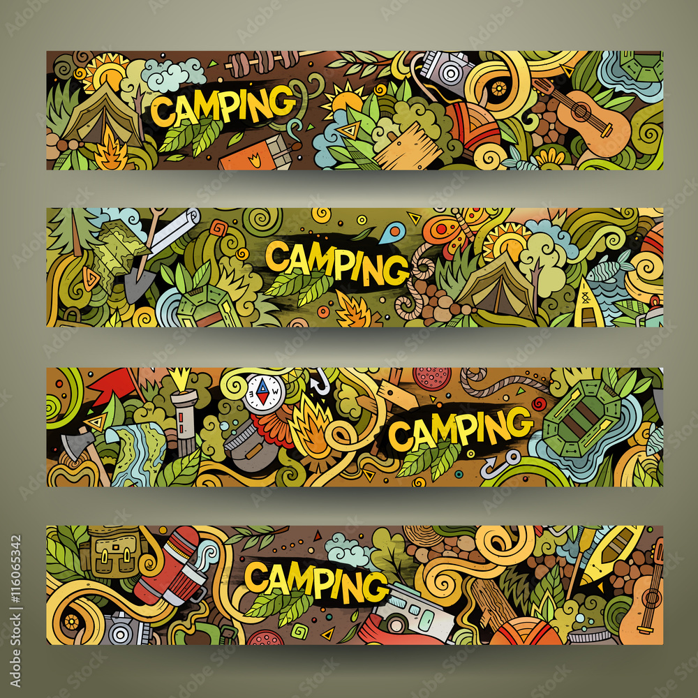 Cartoon vector hand-drawn camp doodle banners