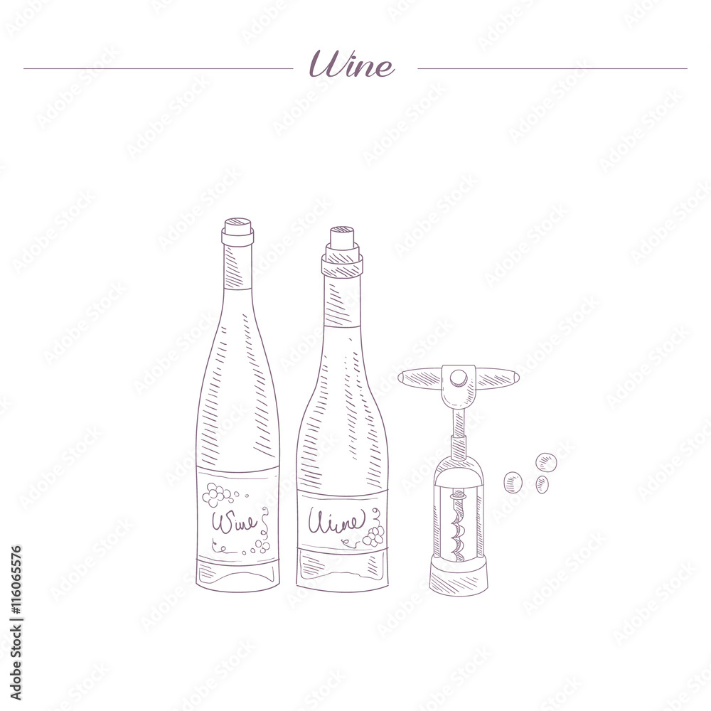 Two Wine Bottles And Corkscrew Hand Drawn Realistic Sketch Two Wine Bottles And Corkscrew Hand Drawn Realistic Sketch
