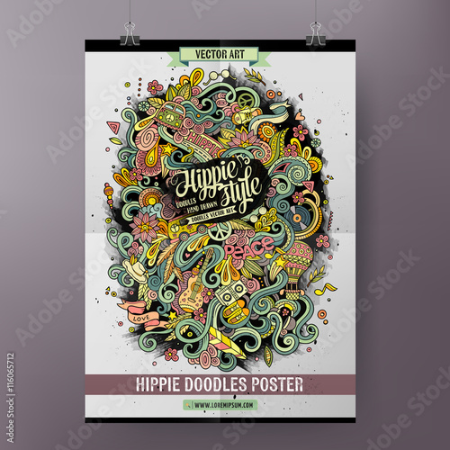 Cartoon colorful hand drawn doodles hippie poster