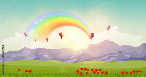 Fantasy Vector Landscape Background, Sunset and hot air ballons on cloudy sky and rainbow.

