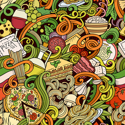 Cartoon hand-drawn doodles of italian cuisine seamless pattern