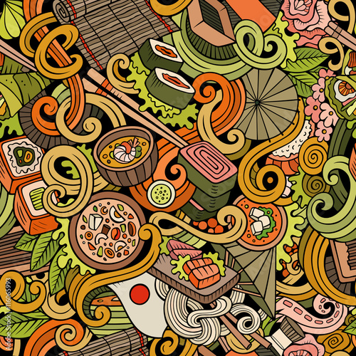 Cartoon hand-drawn doodles of japanese cuisine seamless pattern