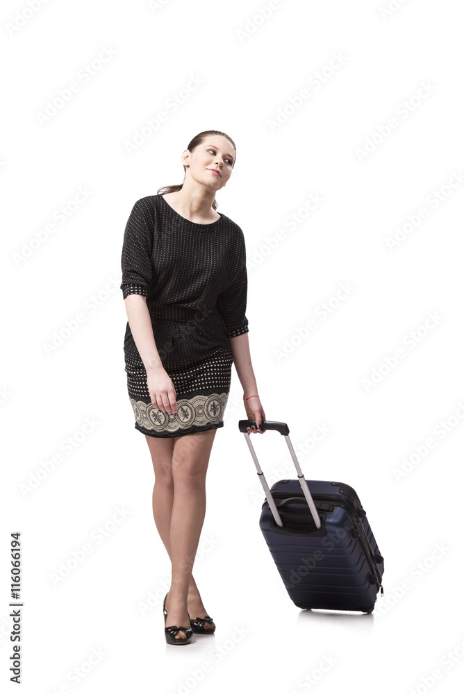 Young woman with suitcase isolated on white Young woman with suitcase isolated on white