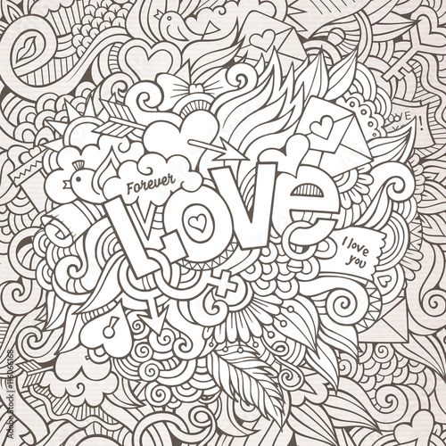 Love hand lettering and doodles elements sketch background