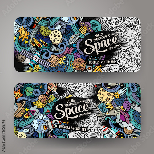 Cartoon cute doodles hand drawn space banners