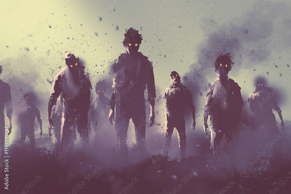Obraz premium zombie crowd walking at night,halloween concept,illustration painting