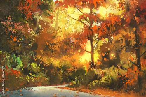 pathway through the colorful forest autumn landscape painting illustration