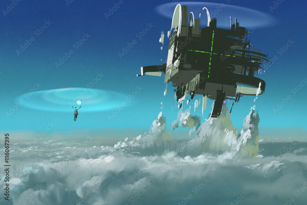 Naklejka premium man casting the futuristic structure breaking through clouds,illustration painting