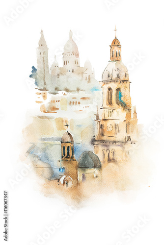Cityscape watercolor drawing, hand drawn aquarelle painting.