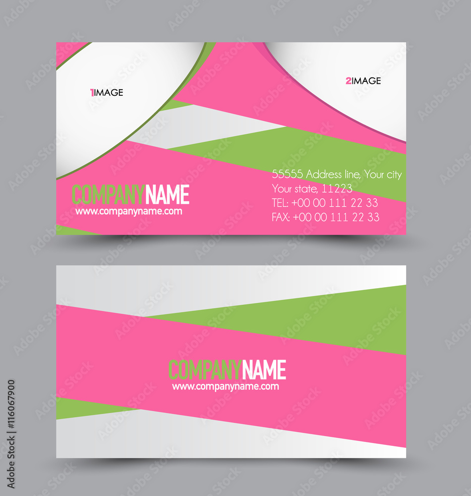 Business card design set template for company corporate style. Green and pink color. Vector illustration.