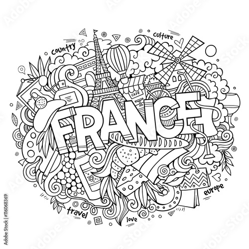 France country hand lettering and doodles elements