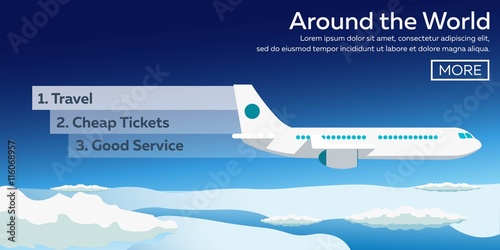 Flat vector web banners on the theme of travel by airplane, vacation, adventure. Travel, Cheap tickets, Good service. Around the World