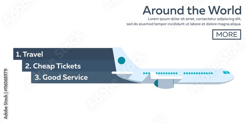 Flat vector web banners on the theme of travel by airplane, vacation, adventure. Travel, Cheap tickets, Good service. Around the World