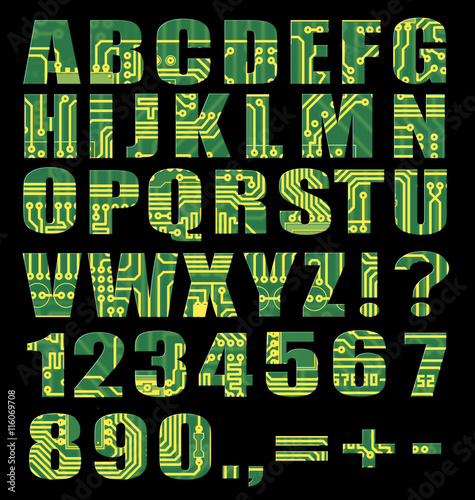 Electronic alphabet with letters and digits from circuit board