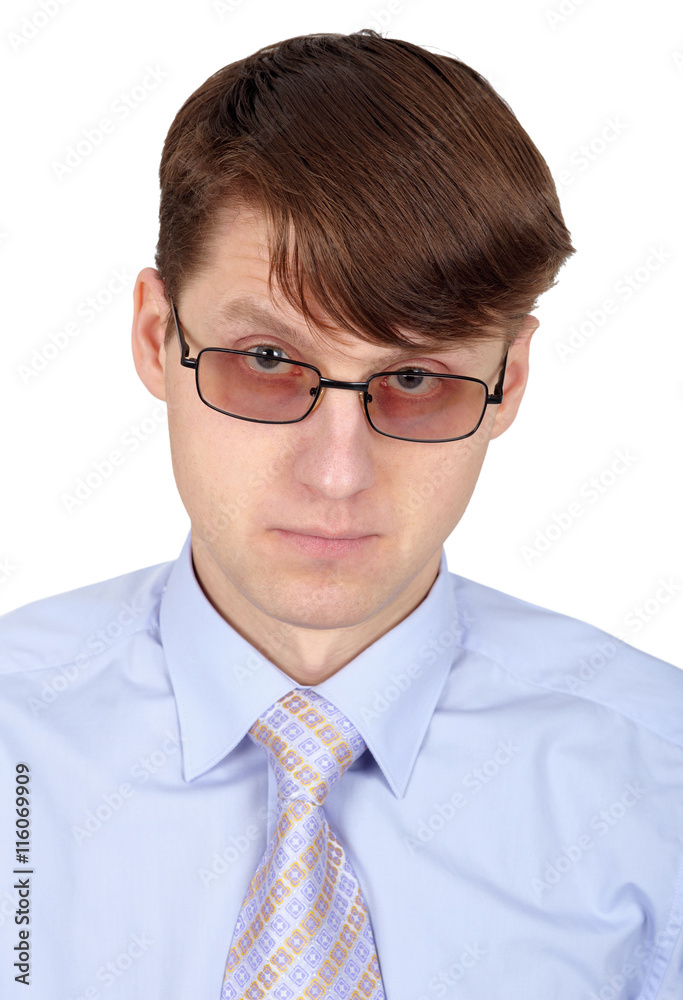 Young handsome man in glasses isolated on white