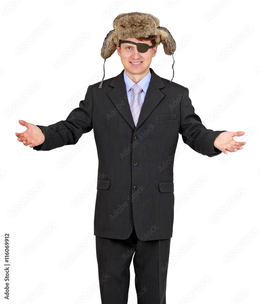 Hospitable funny man with one eye and a fur hat Hospitable funny man with one eye and a fur hat