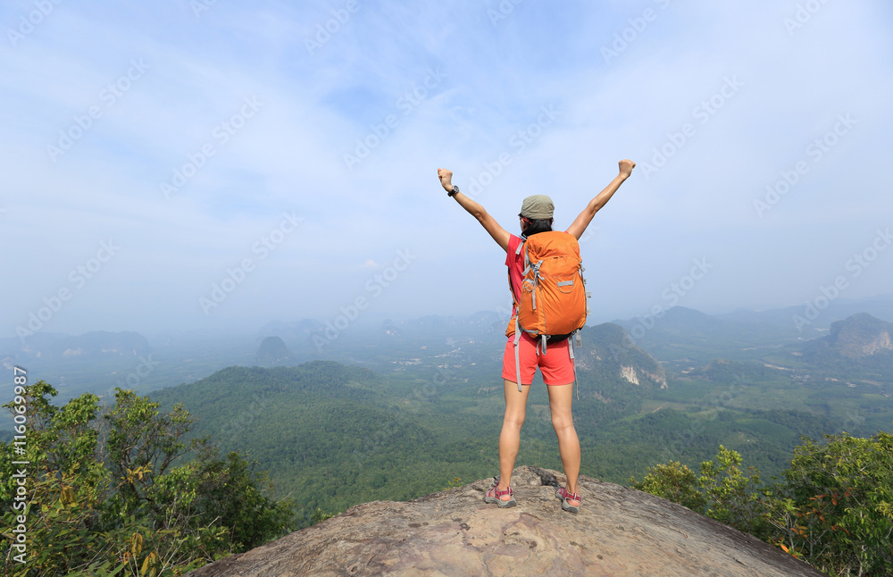 cheering young woman hiker enjoy the view on mountain peak cliff cheering young woman hiker enjoy the view on mountain peak cliff