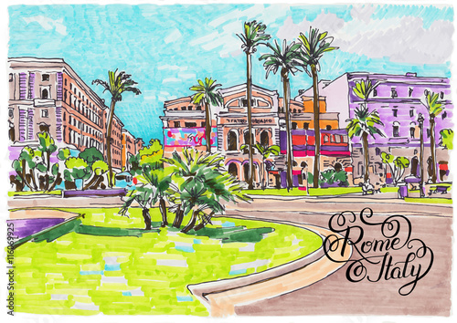 marker painting of Rome Italy cityscape with hand lettering insc