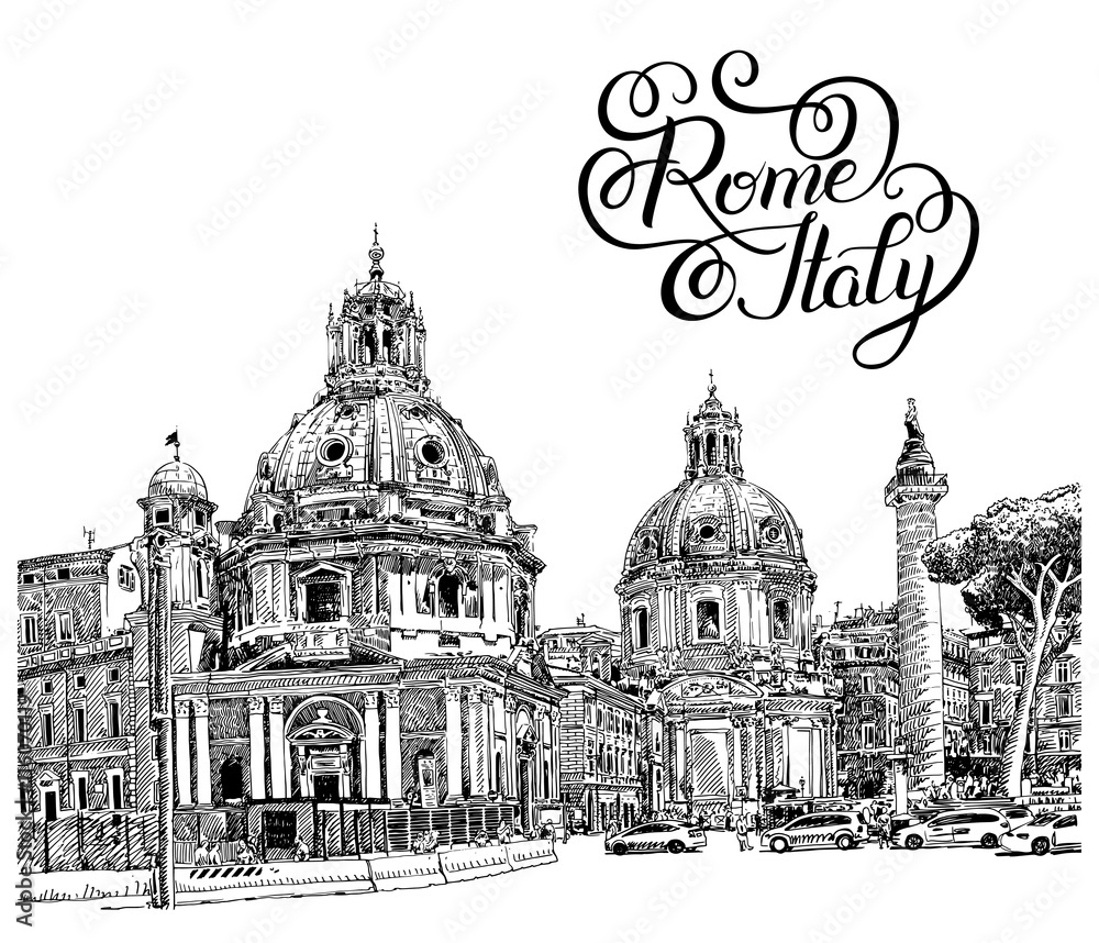 black and white digital drawing of Rome Italy cityscape with han
